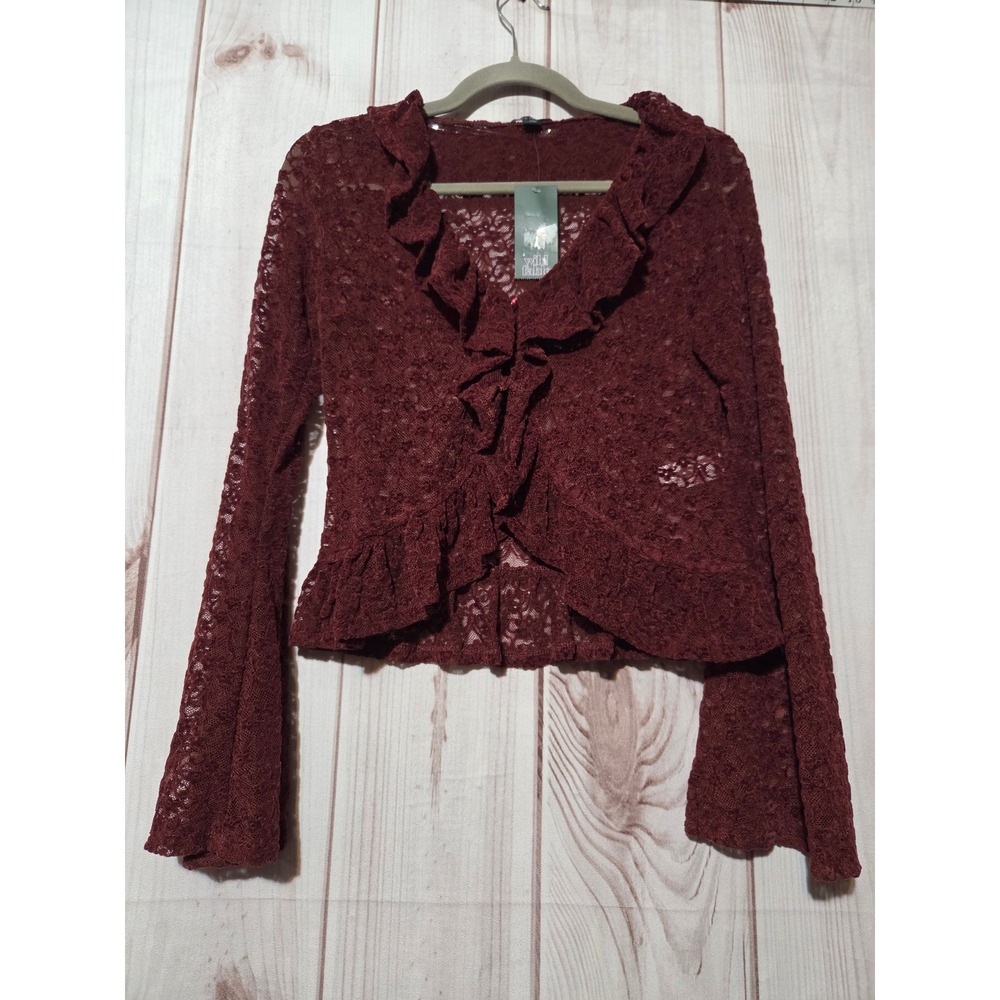 Wild Fable Womens XS Burgundy Lace Ruffle Bell Sleeve Cropped Top NWT Burgundy